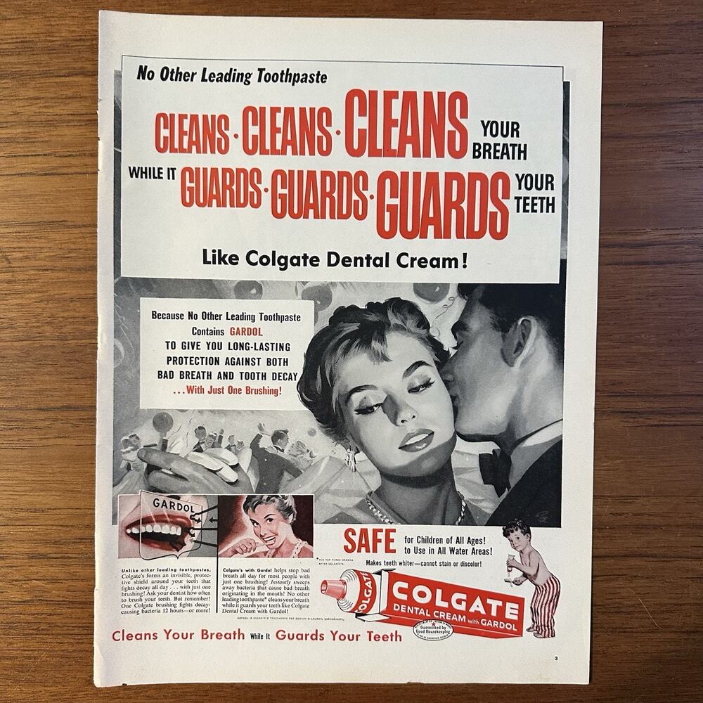 1957 Colgate Cleans your Breath and Guards your Teeth Vintage Print Ad